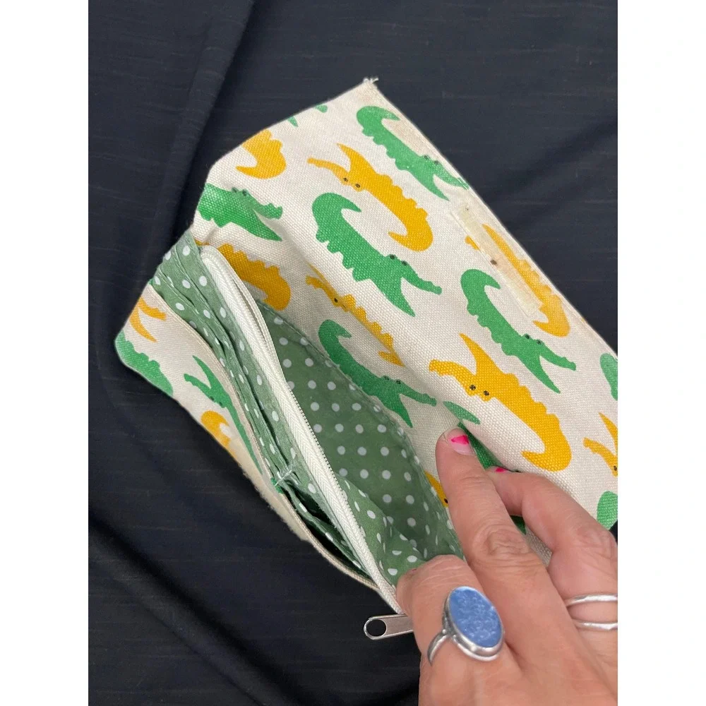 Bungalow360 Alligator Print Canvas Wallet Beige Green Yellow Gator Peace Sign